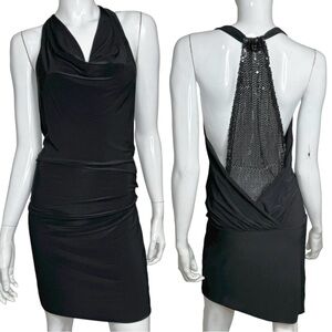 Fare’ Sequins V-Neck Halter Razor Back Draped Black Midi Cocktail Dress